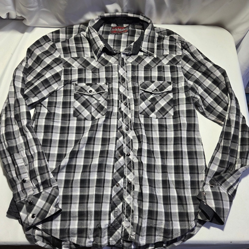 Rock and Roll Cowboy Mens XL‎ Black White Plaid Pearl Snap Western Shirt B2S1374